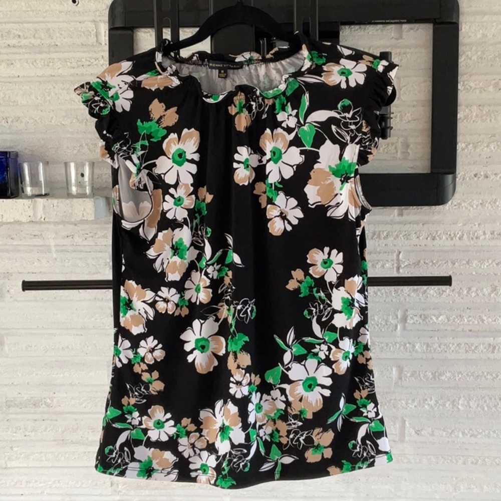 Adrienne Vittadini Black and Green Floral Top